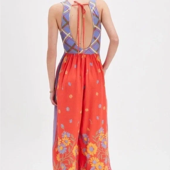 Free People Linen Bali Honeydew Bow Colorful Jumpsuit in Fiesta Combo XS